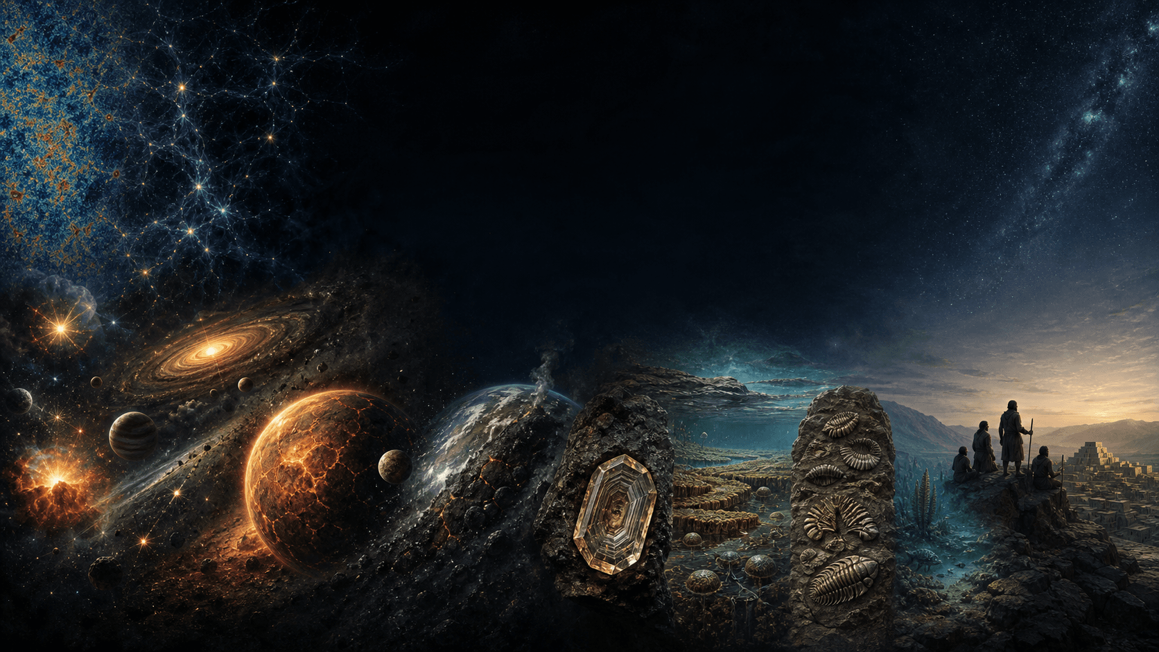 Transición conceptual del cosmos a la Tierra, la vida, la humanidad y las primeras ciudades