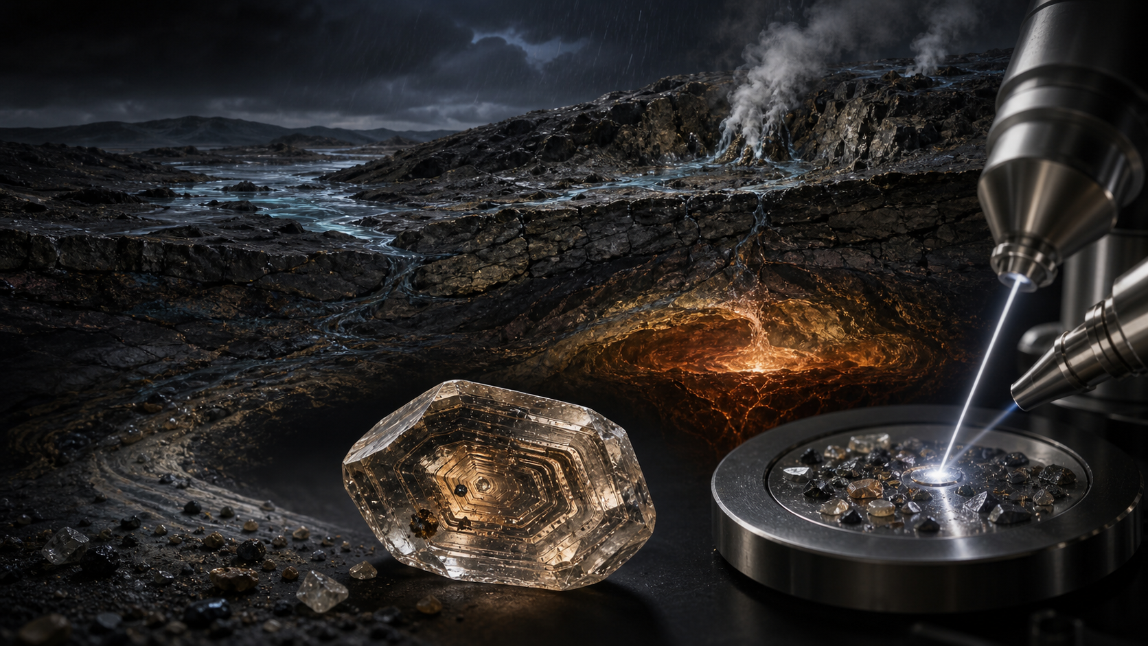 Portada conceptual de la cadena agua–roca–magma–zircon