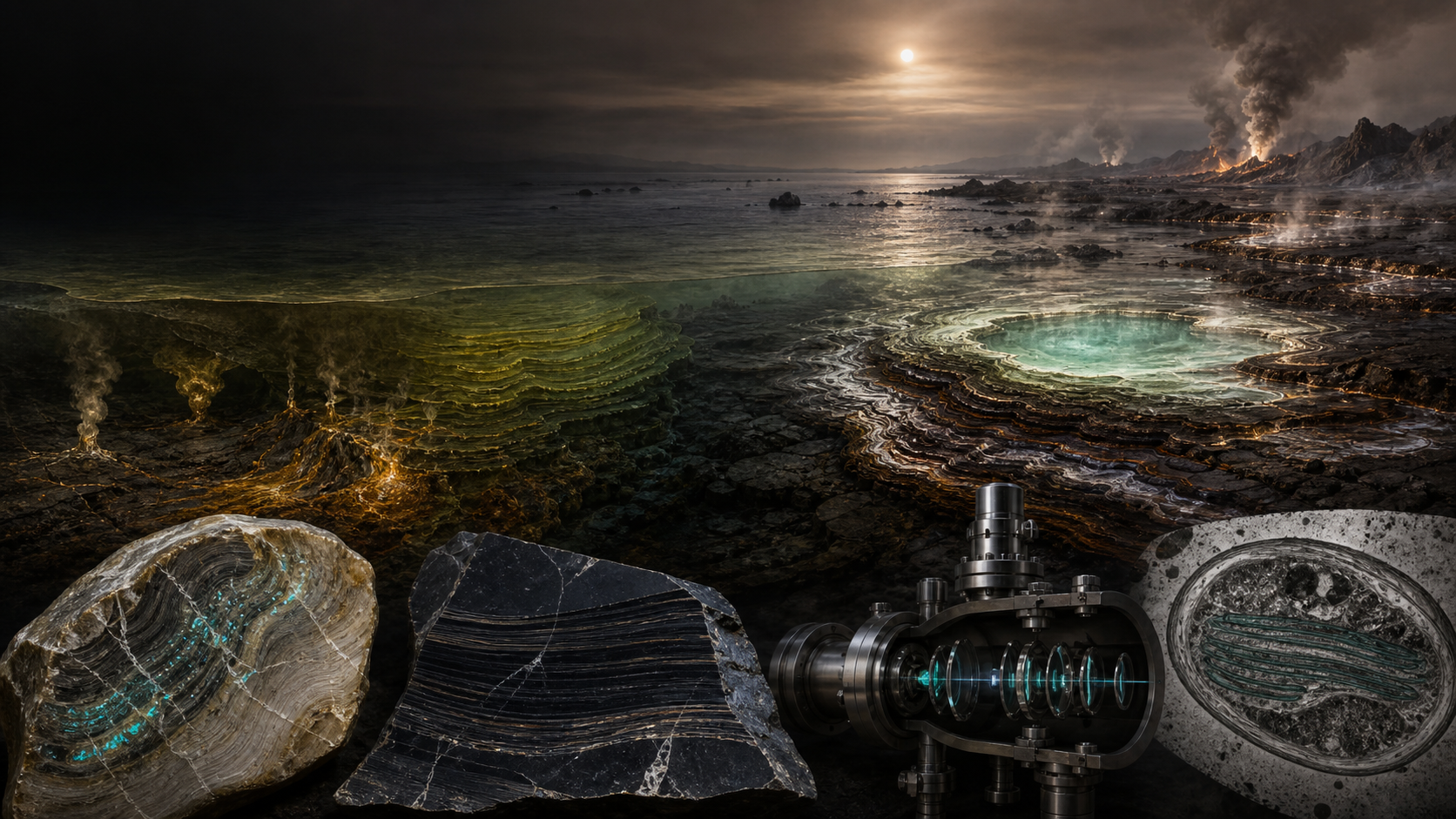 Portada conceptual de fotosíntesis y oxígeno arcaicos
