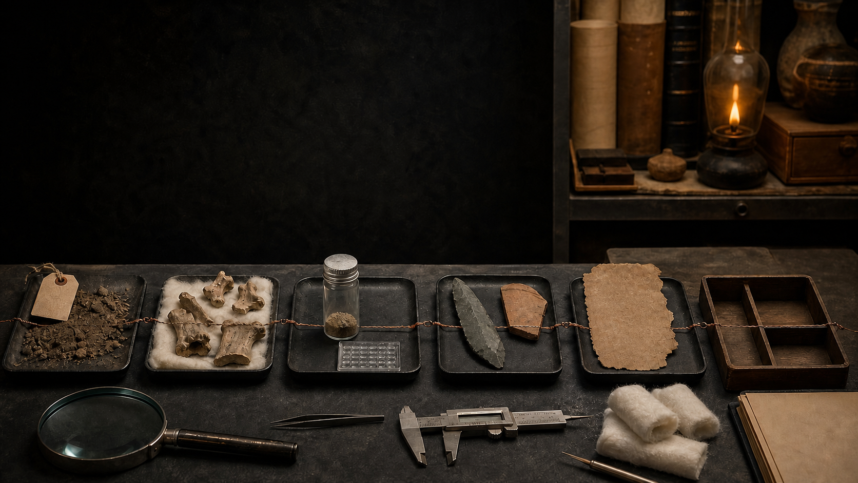 Mesa de conservación con seis estaciones de evidencia histórica
